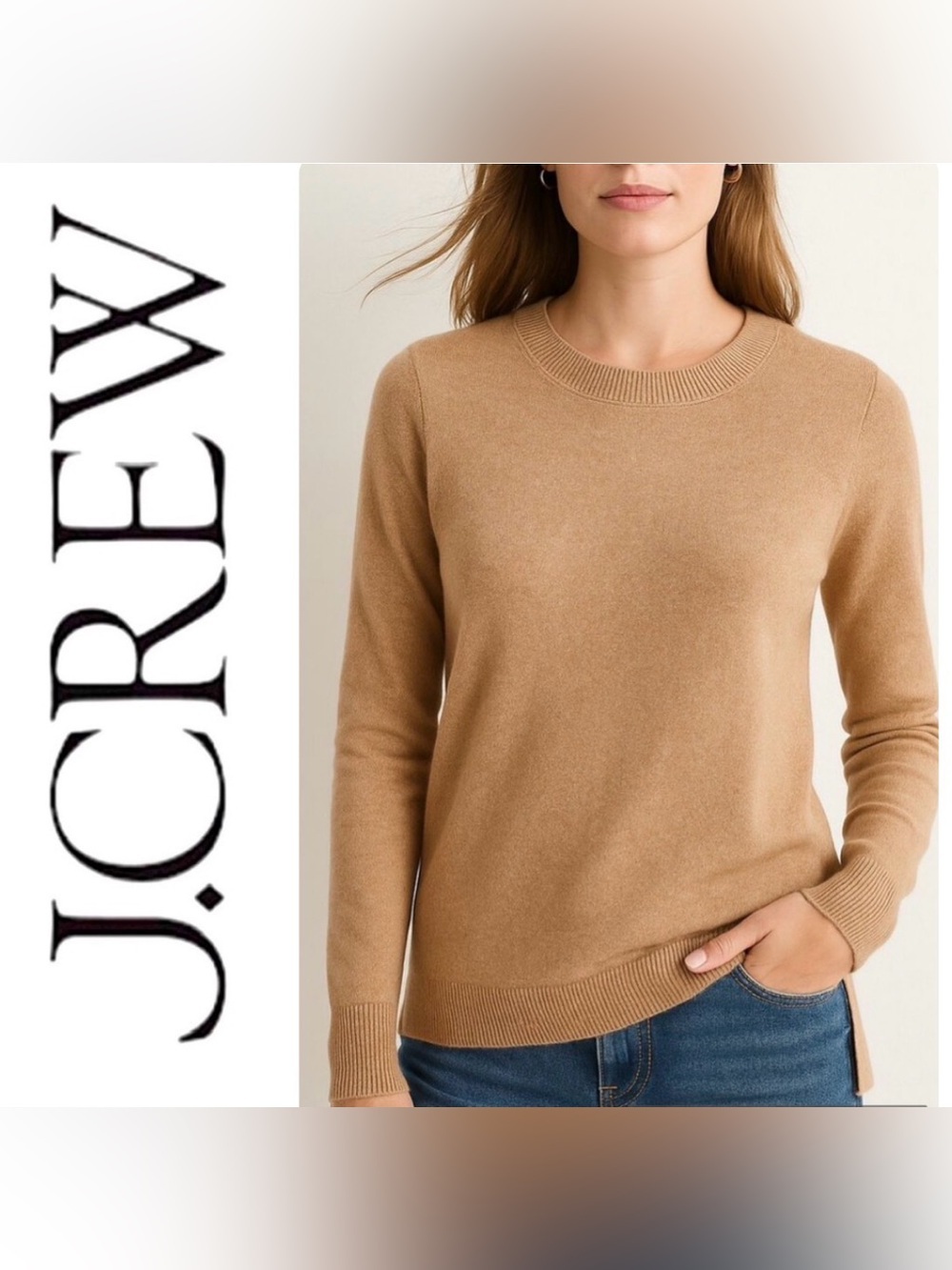 J. Crew everyday 100% cashmere crewneck sweater in heather camel- size M
